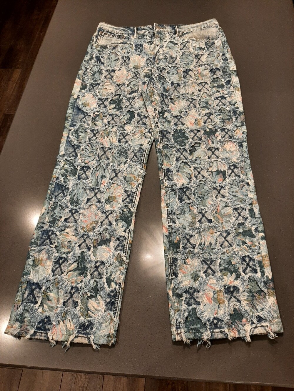 Fashion Nova Men Size 34 Floral Distressed Jeans Tapestry Frayed Wide Leg